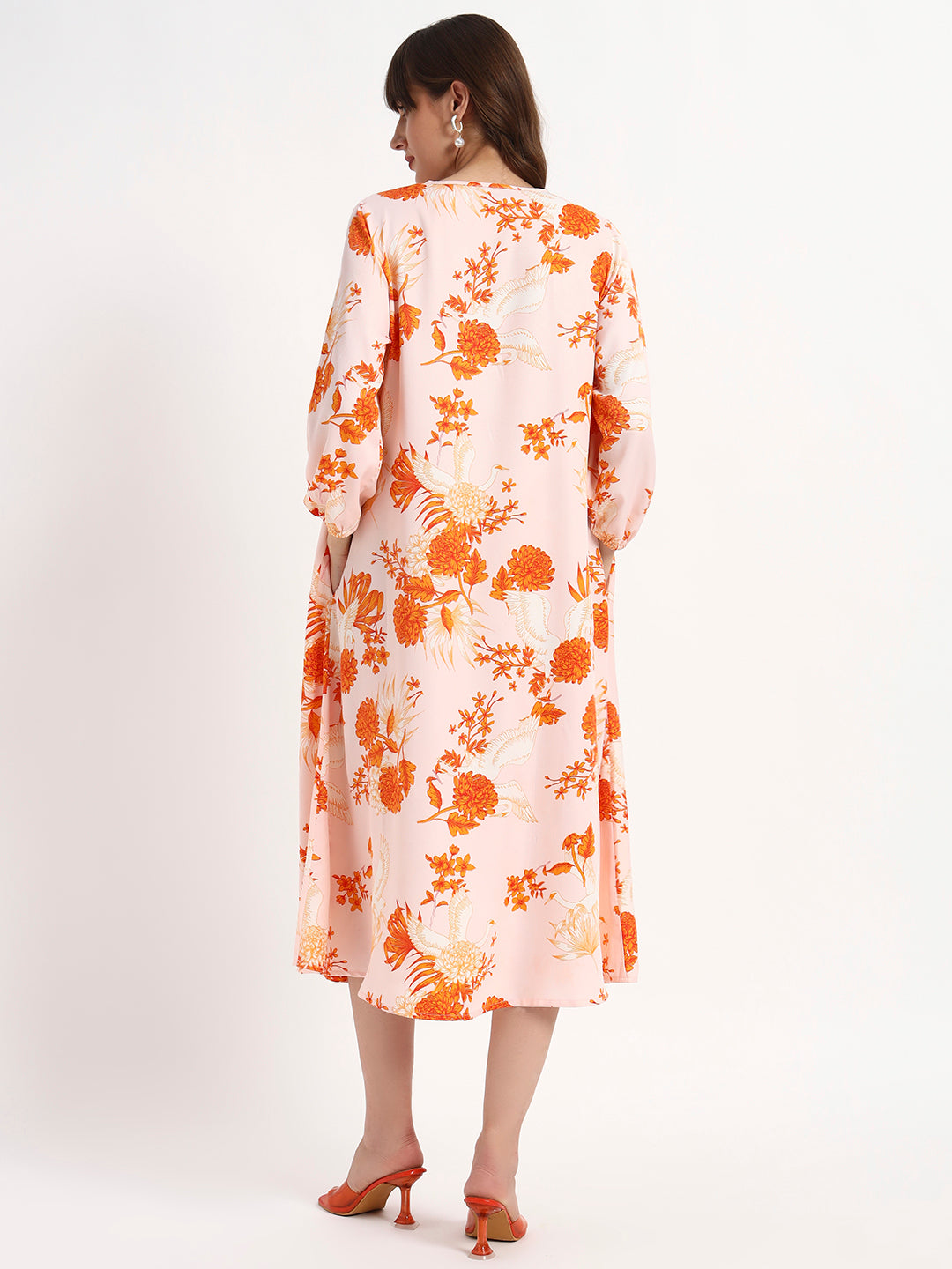Blush Orange Floral Midi Kaftan dress.