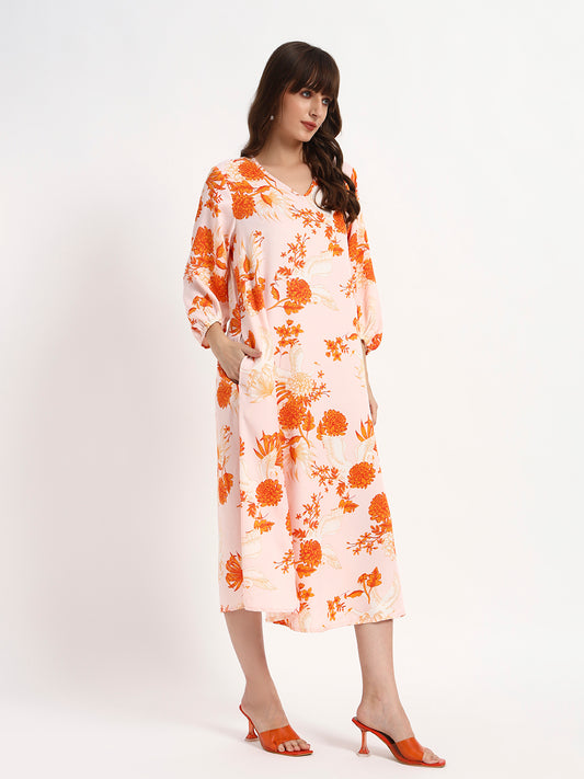 Blush Orange Floral Midi Kaftan dress.
