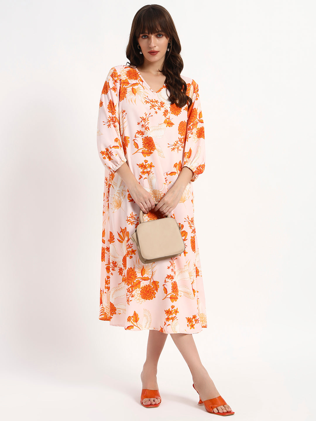 Blush Orange Floral Midi Kaftan dress.