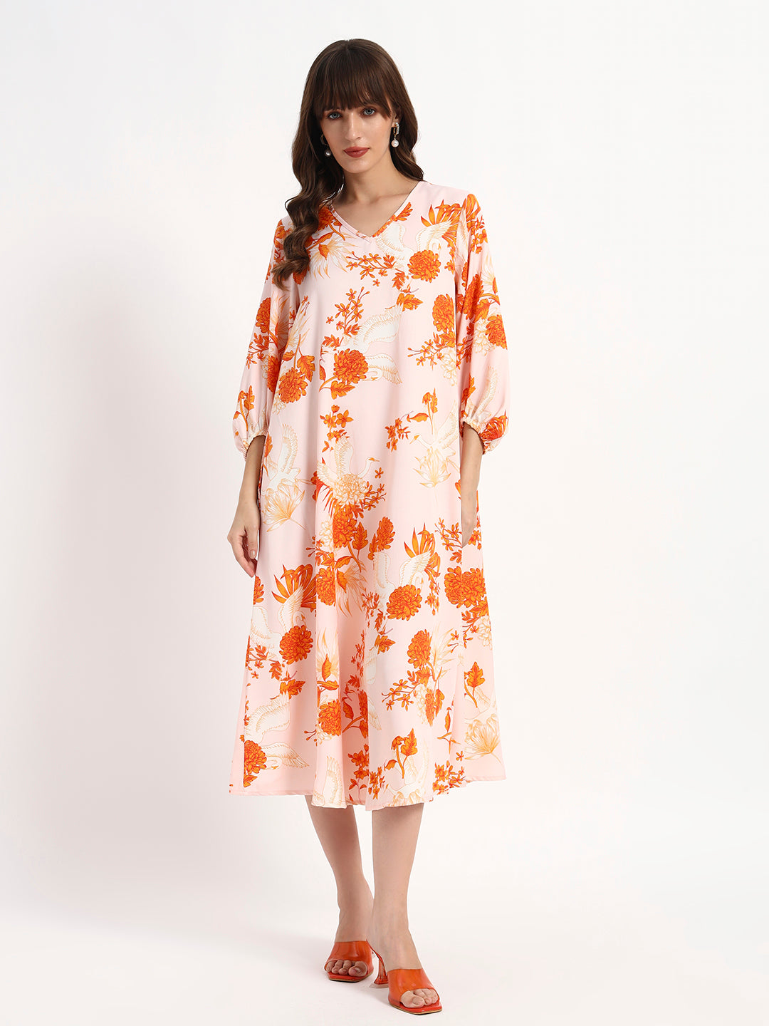 Blush Orange Floral Midi Kaftan dress.