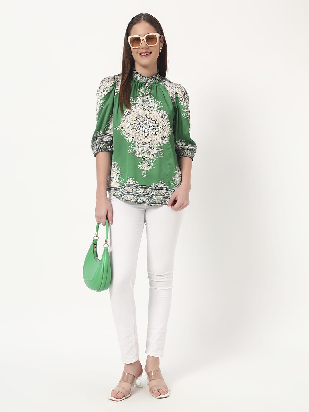 Green Printed Puff Sleeve Blouse