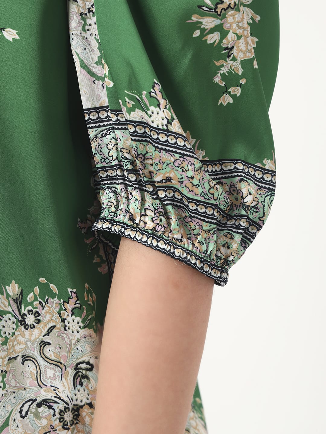 Green Printed Puff Sleeve Blouse