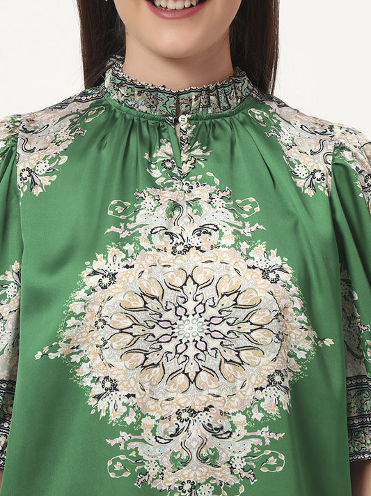 Green Printed Puff Sleeve Blouse