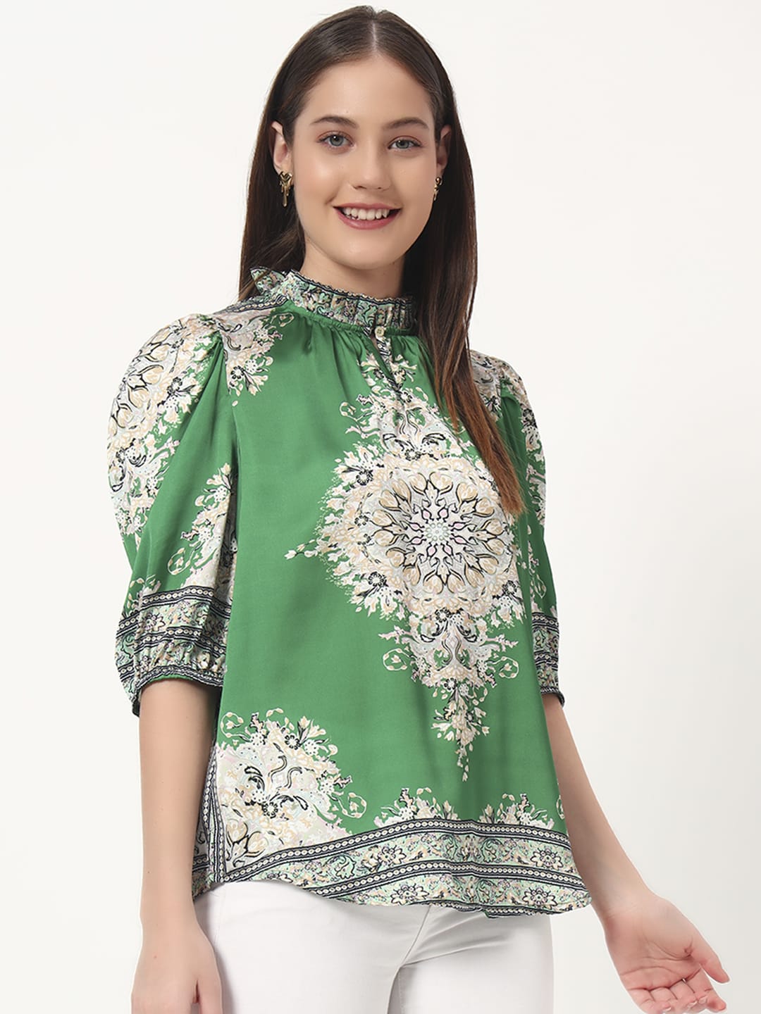 Green Printed Puff Sleeve Blouse