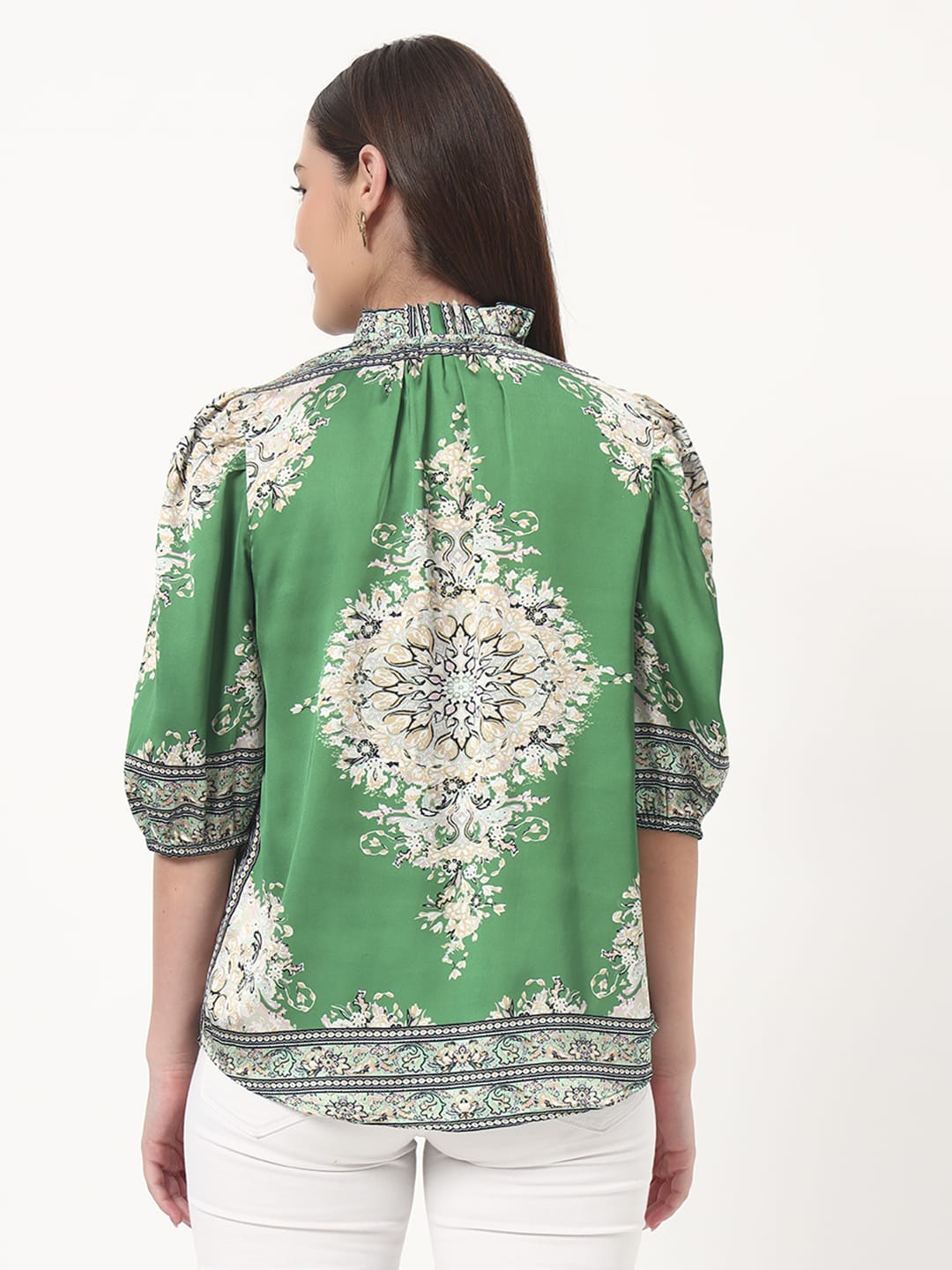 Green Printed Puff Sleeve Blouse