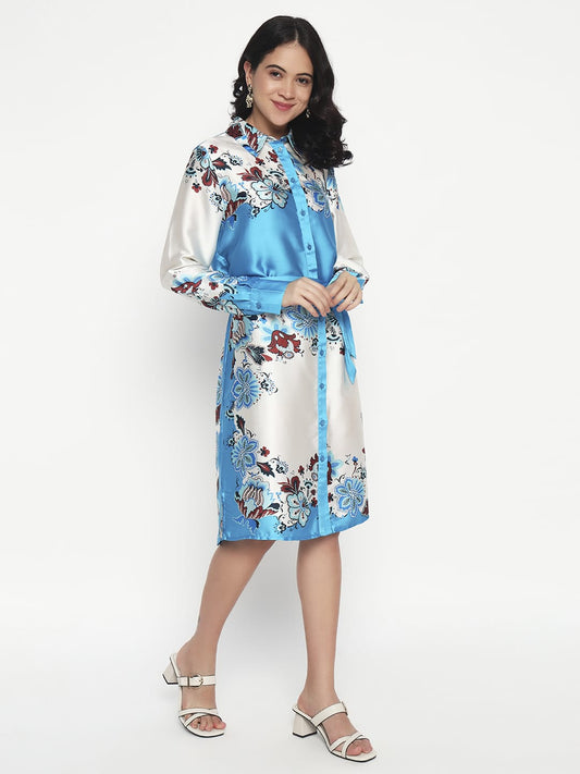 Sky Blue & White Floral Shirt Dress