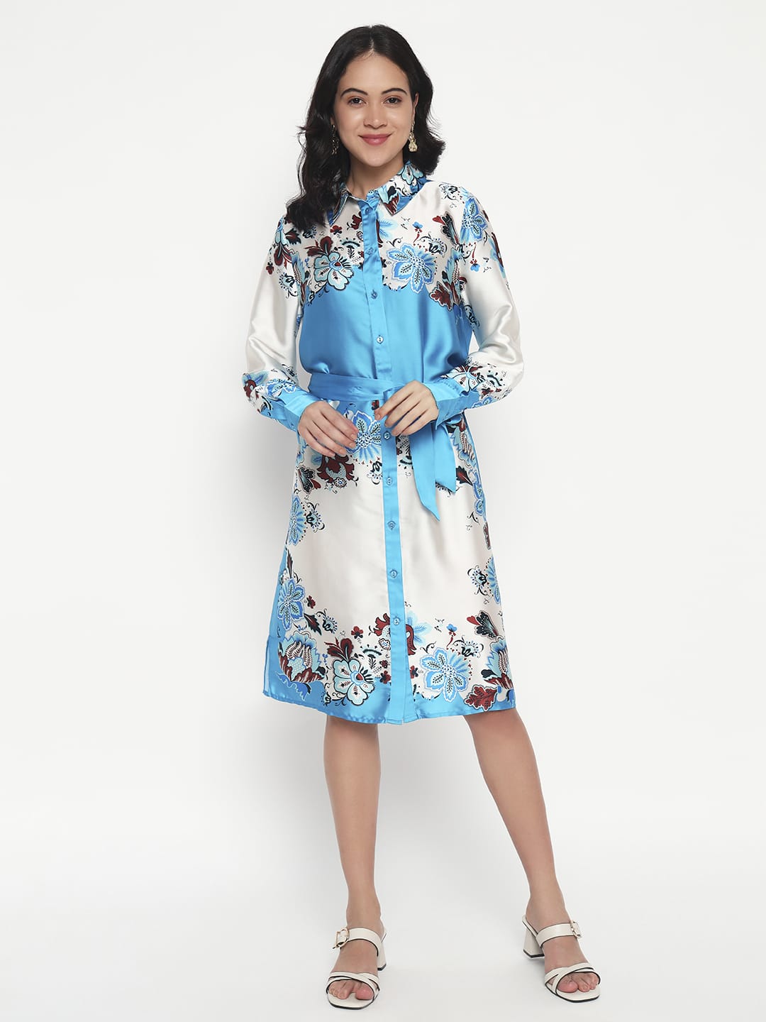 Sky Blue & White Floral Shirt Dress