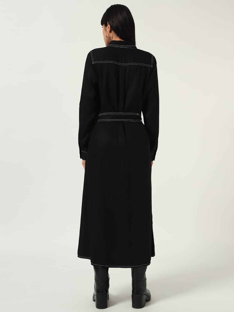 Black Button-Down Belted Shirt Dress