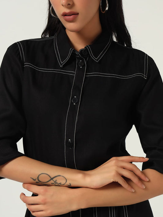 Black Button-Down Belted Shirt Dress