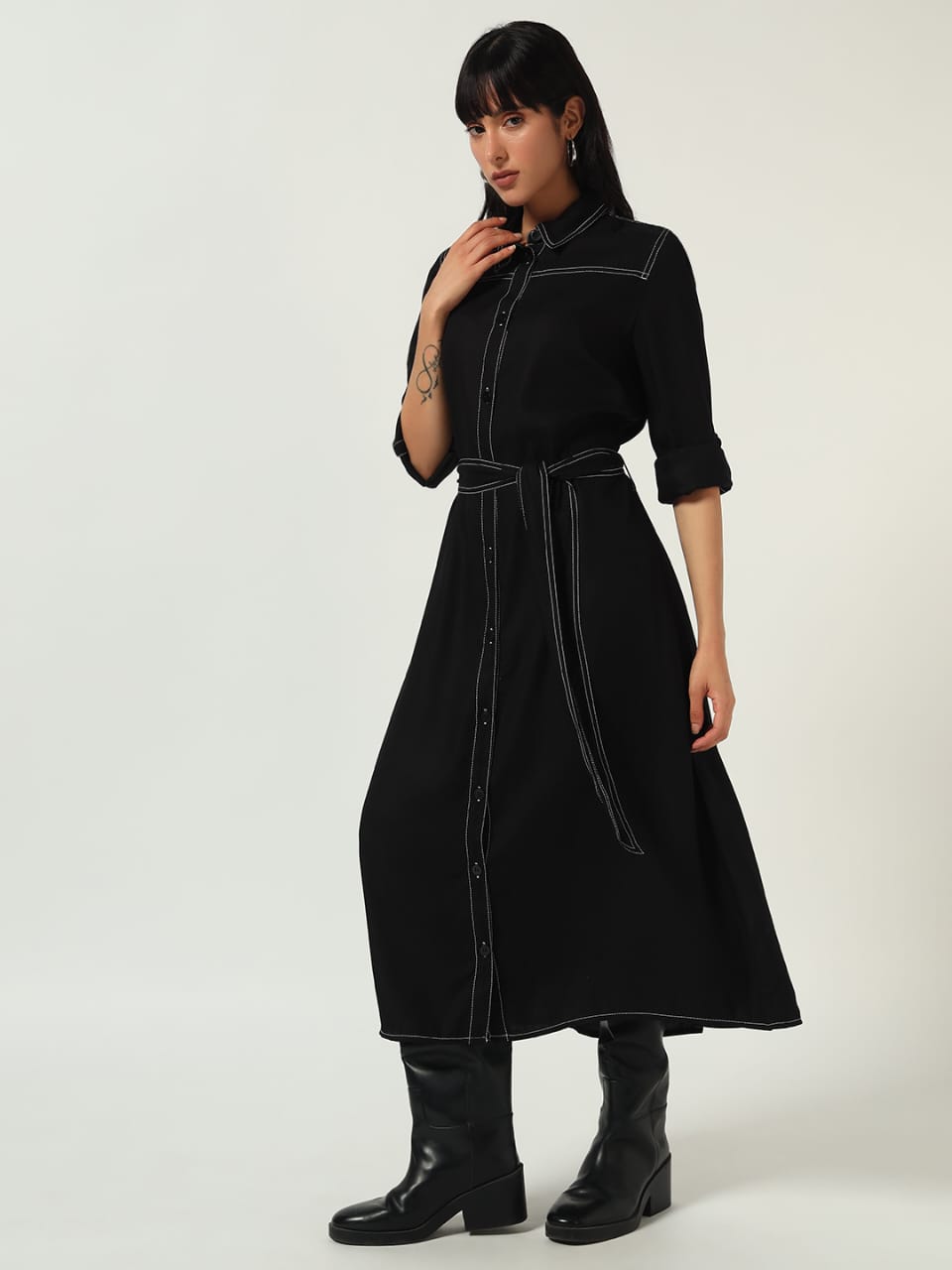 Black Button-Down Belted Shirt Dress