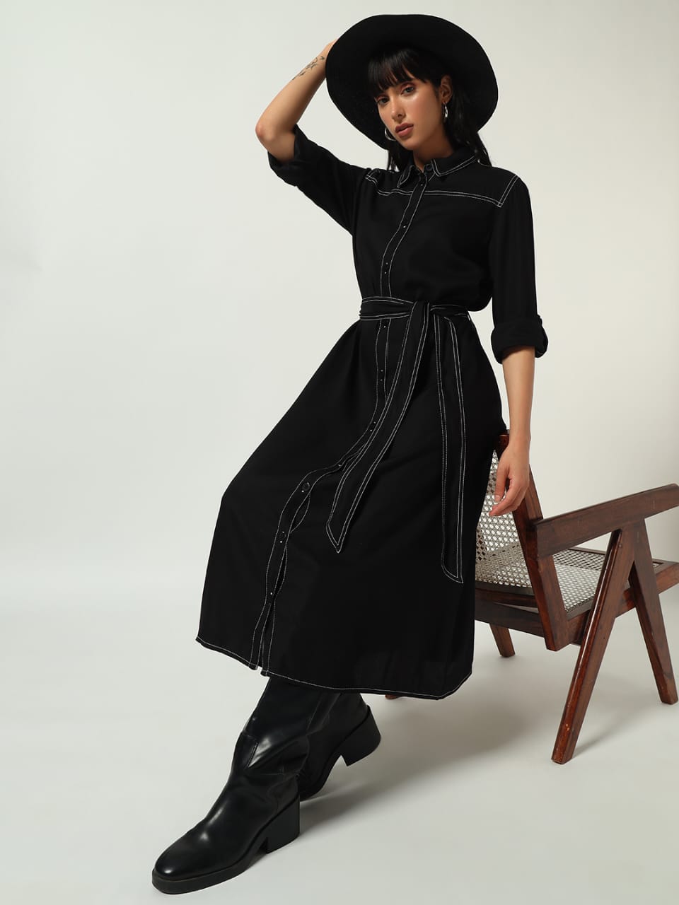 Black Button-Down Belted Shirt Dress