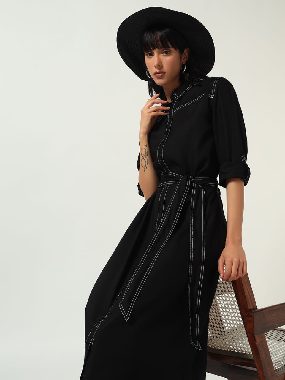 Black Button-Down Belted Shirt Dress