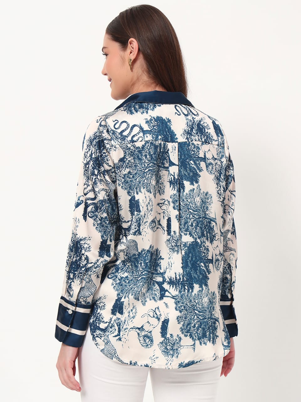 Chic Blue & White Printed Satin Shirt