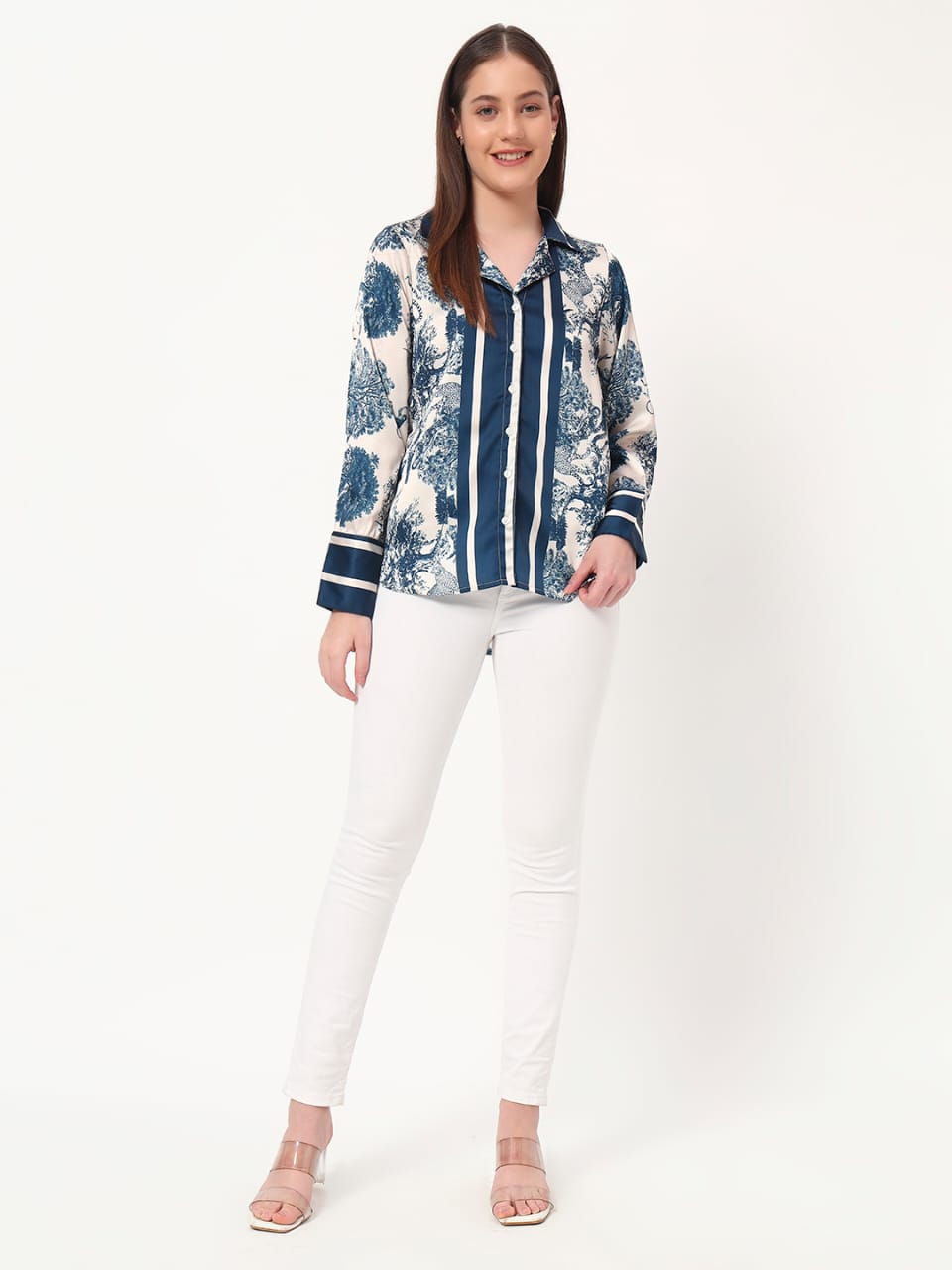 Chic Blue & White Printed Satin Shirt
