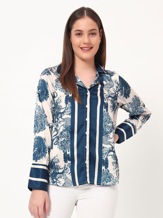 Chic Blue & White Printed Satin Shirt