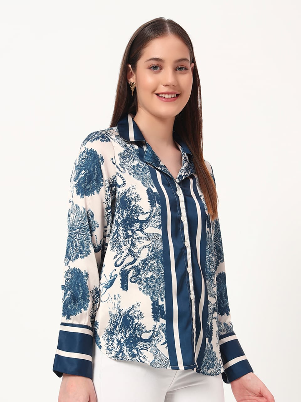 Chic Blue & White Printed Satin Shirt