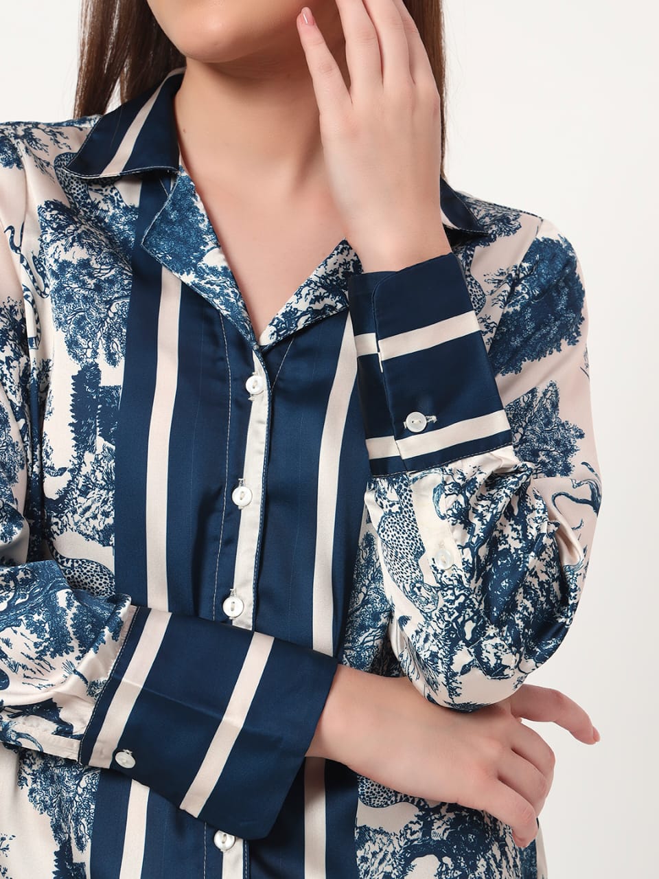 Chic Blue & White Printed Satin Shirt