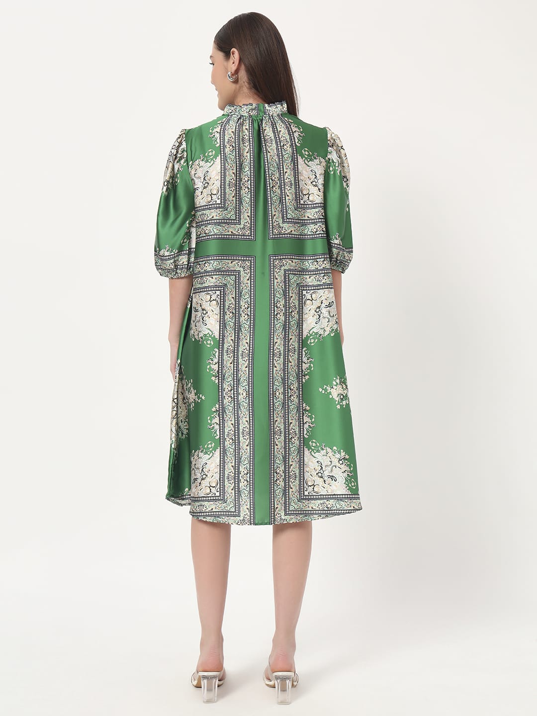 Emerald Elegance Printed Satin Dress