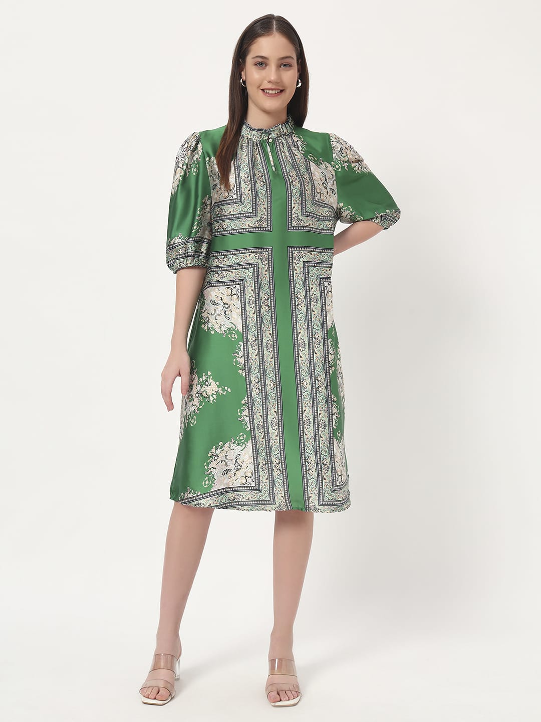 Emerald Elegance Printed Satin Dress