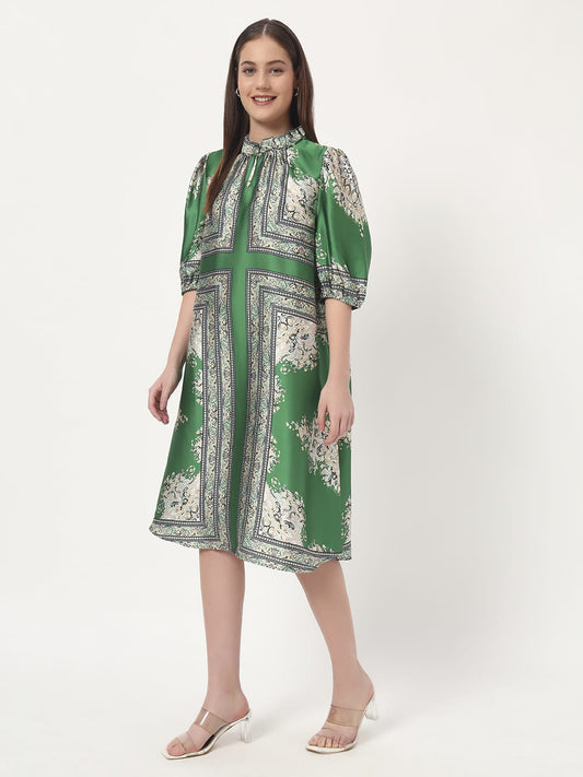 Emerald Elegance Printed Satin Dress