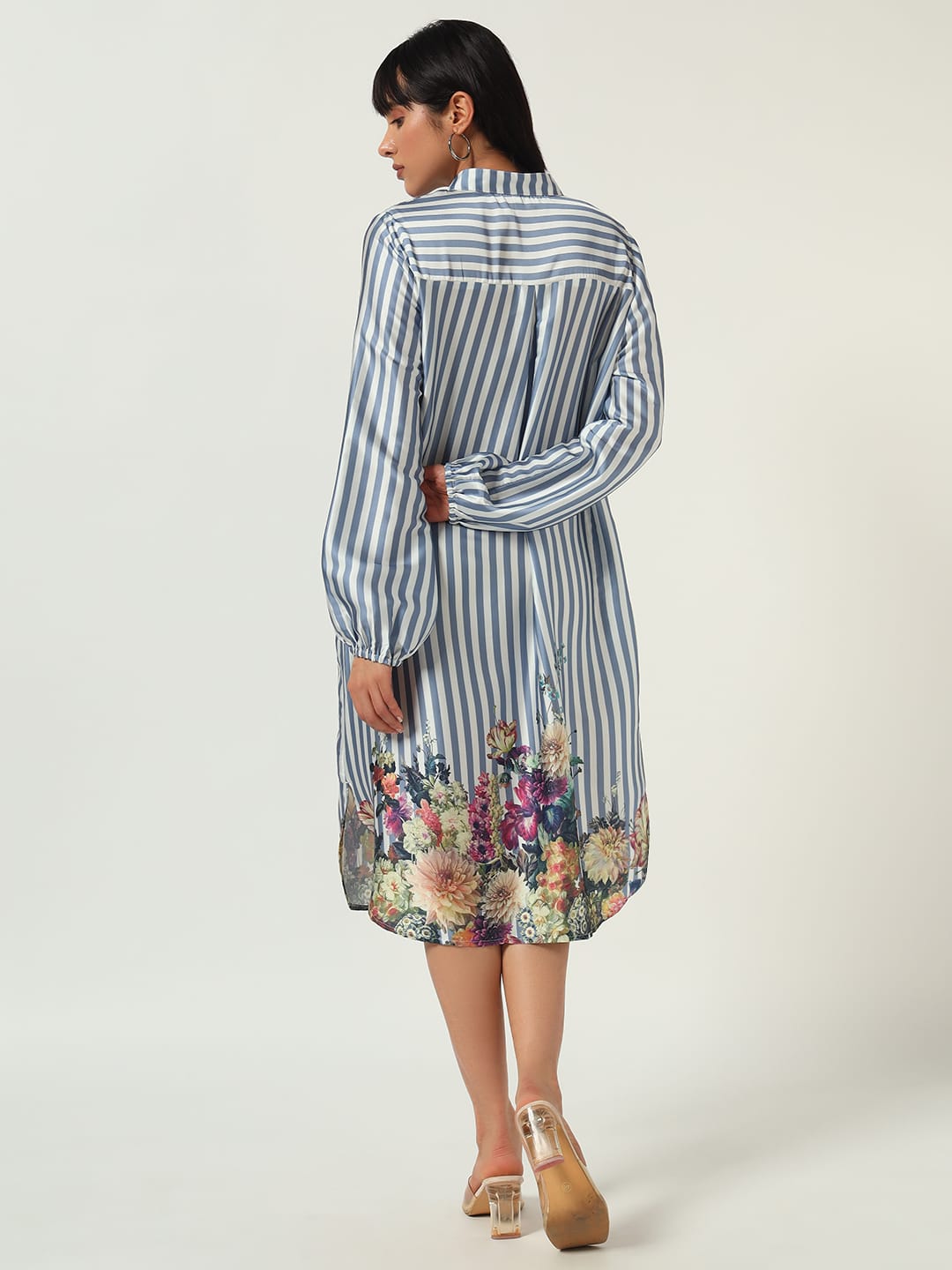 Blue Striped Floral Hem Midi Dress