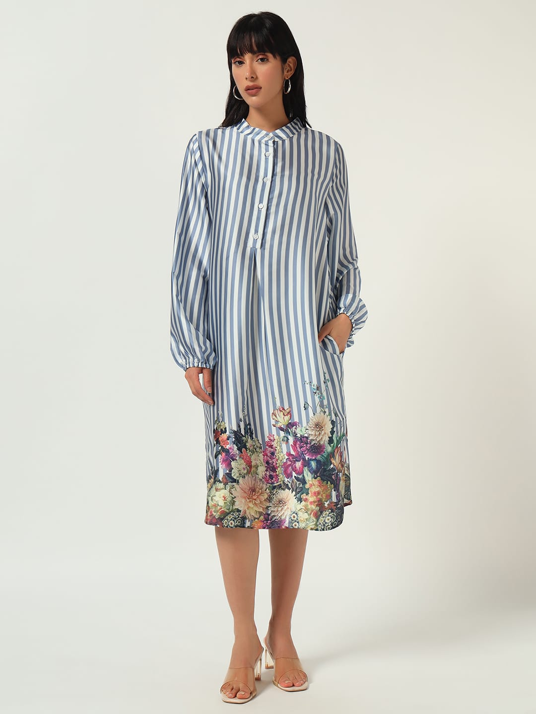 Blue Striped Floral Hem Midi Dress
