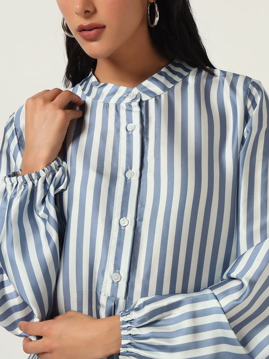 Blue Striped Floral Hem Midi Dress