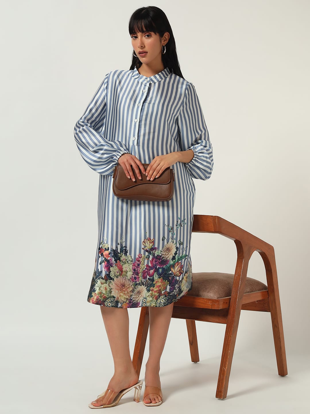 Blue Striped Floral Hem Midi Dress