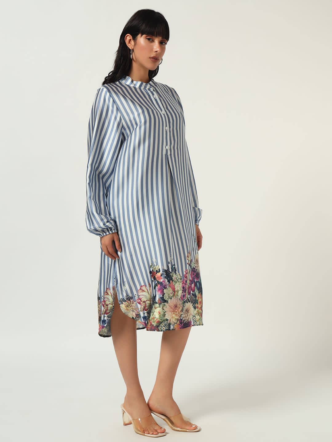 Blue Striped Floral Hem Midi Dress