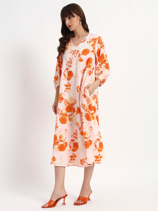 Blush Orange Floral Midi Kaftan dress.