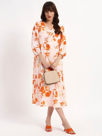 Blush Orange Floral Midi Kaftan dress.
