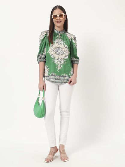 Green Printed Puff Sleeve Blouse
