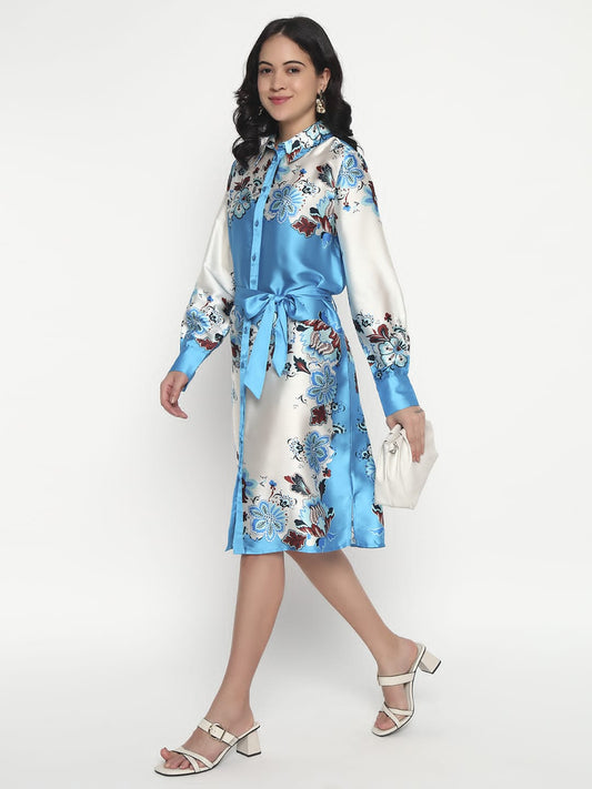 Sky Blue & White Floral Shirt Dress