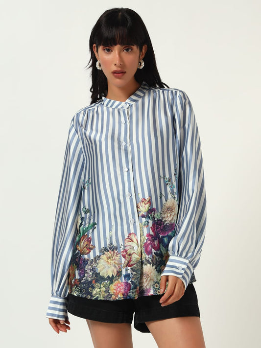 Blue Striped Floral Shirt