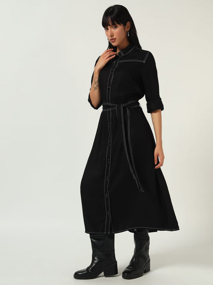 Black Button-Down Belted Shirt Dress