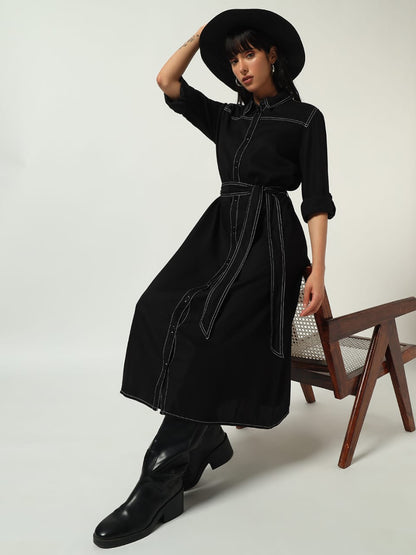 Black Button-Down Belted Shirt Dress