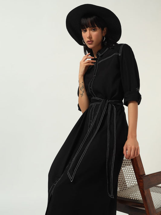 Black Button-Down Belted Shirt Dress