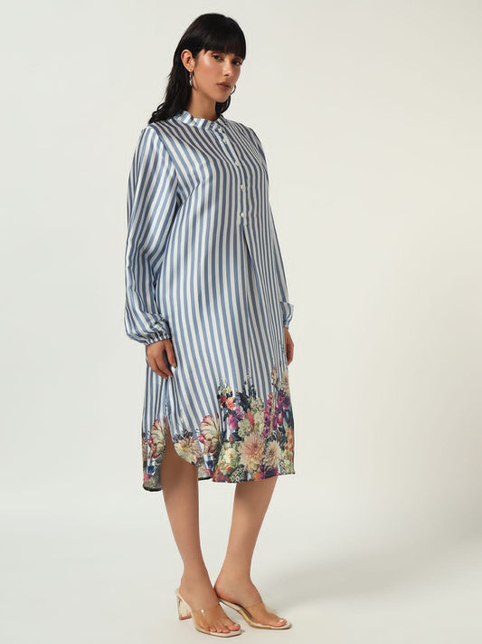 Blue Striped Floral Hem Midi Dress